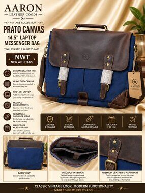 NWT Aaron Leather Goods Prato Canvas 14.5" Vintage Laptop Messenger Bag